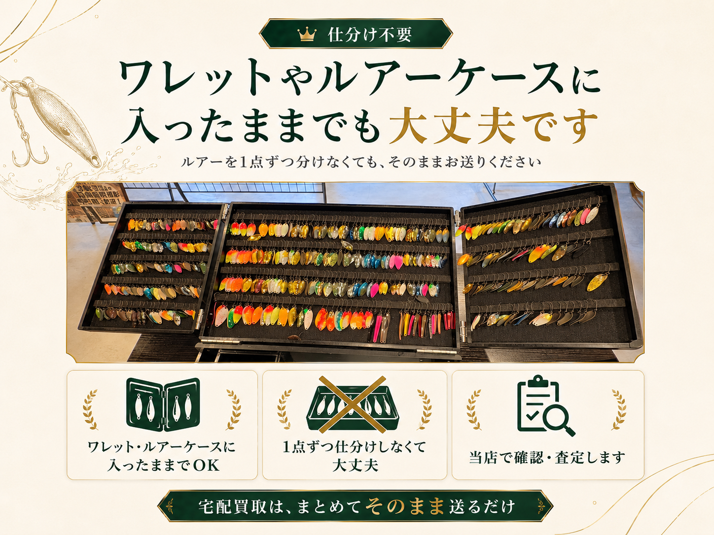 ワレットやルアーケースに入ったままでも大丈夫です。ルアーを1点ずつ分けなくても、そのままお送りください。