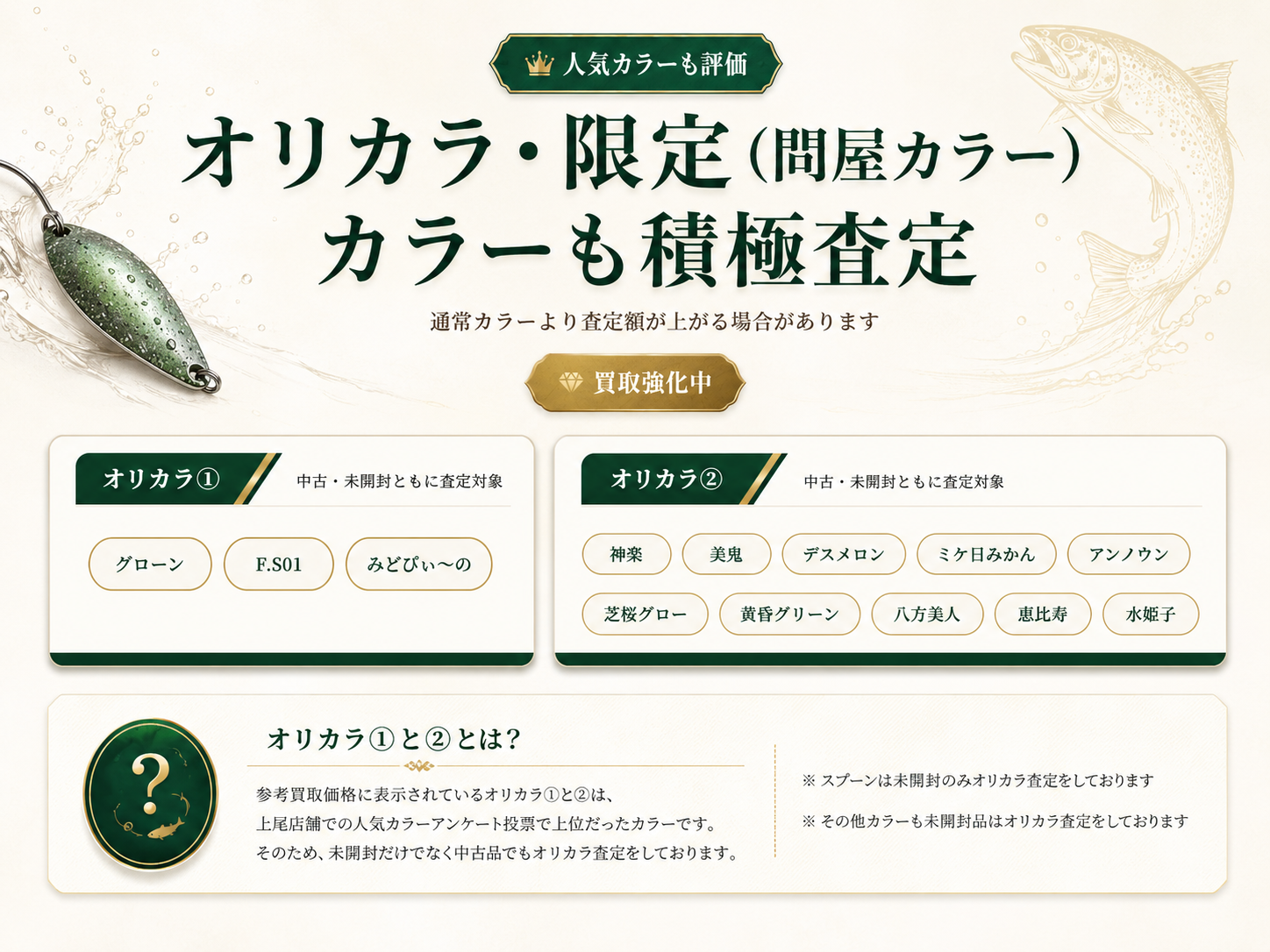 オリカラ・限定（問屋カラー）カラーも積極査定。通常カラーより査定額が上がる場合があります。オリカラ1、オリカラ2の対象カラーと説明。