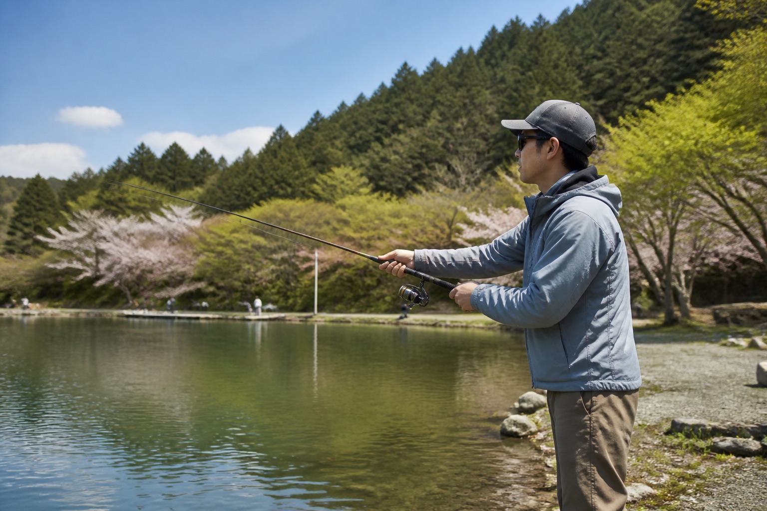 春のエリアトラウトに適した服装(3〜5月)のイメージ(ChatGPT生成)