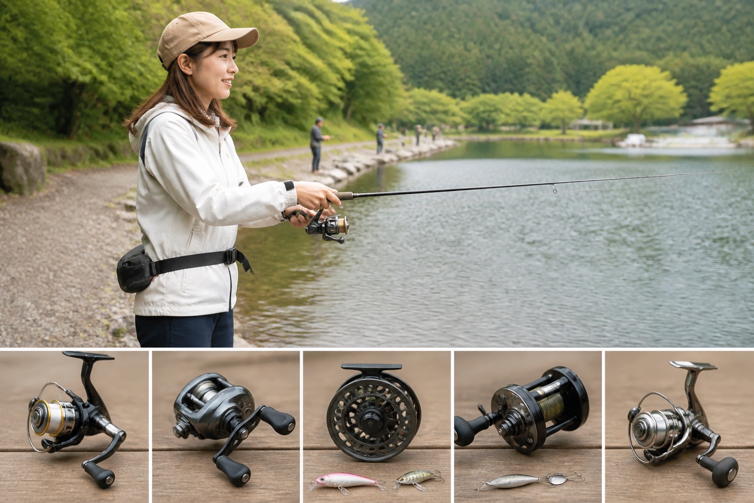 釣りリールは大きく分けて5種類。初心者は「スピニング」からのイメージ（ChatGPT生成）